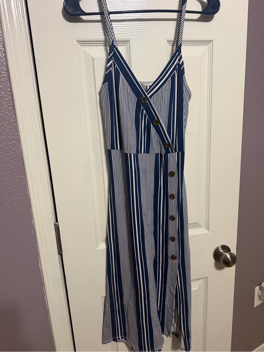 Blue and White Striped Midi Sundress with Button-Front Detail